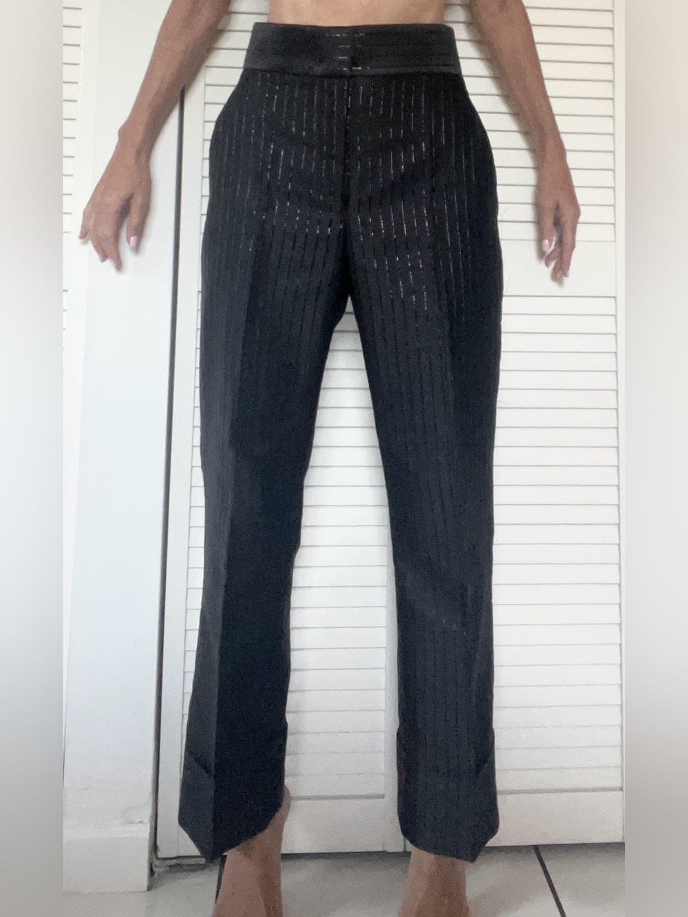 ALBERTA FERRETTI High Waisted Pressed Crease Pinstripe Pants 4" Cuffed Black 6